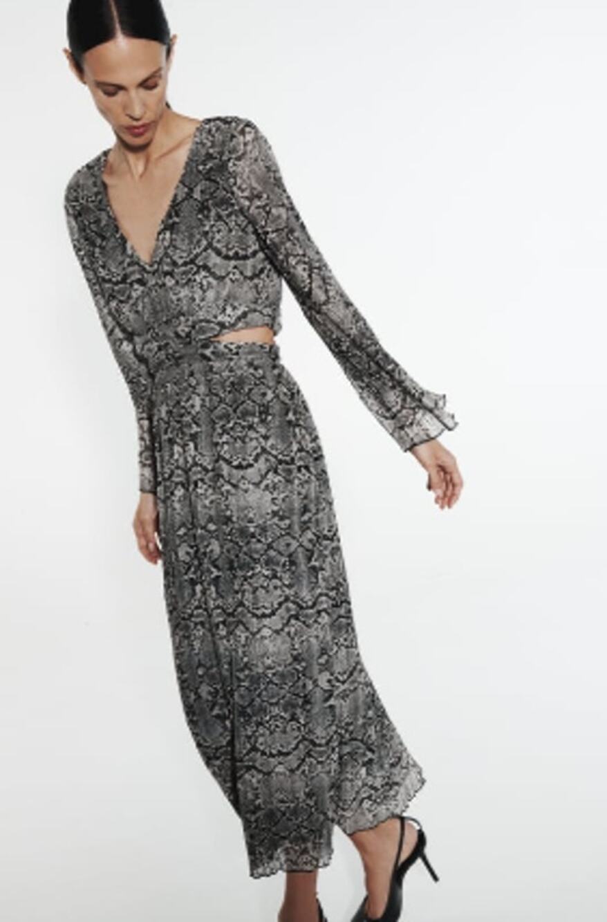 Zara Gray Snake Print Long Sleeve Midi Dress with Cut Outs V-Neck Size Small